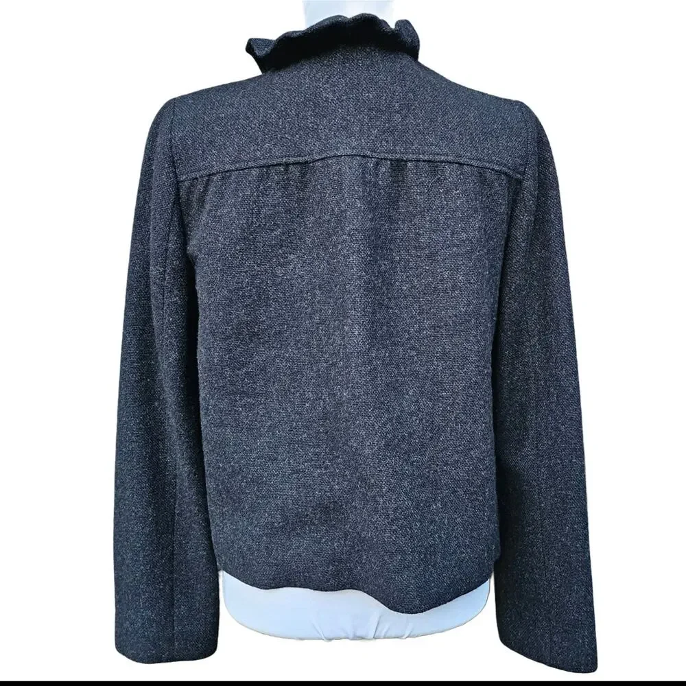 J.Crew Fiona Wool Tweed Ruffle Blazer Jacket Gray Charcoal Size 6 Pockets Preppy